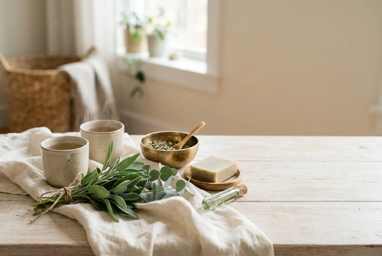 Ambiance sereine et premium — lin, branches d'eucalyptus et céramiques artisanales, symboles d'un accompagnement doux et durable