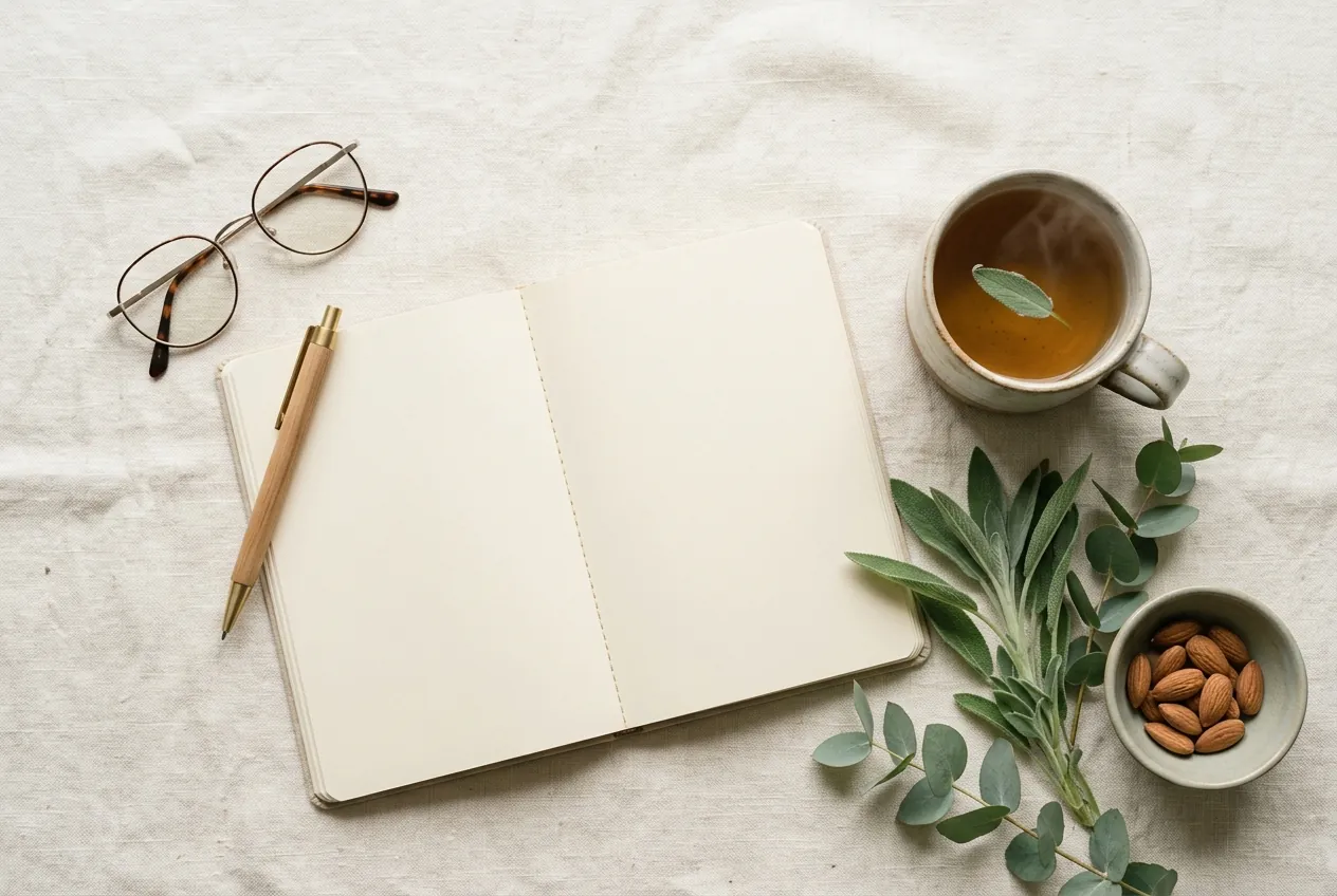 Carnet ouvert, tisane et feuilles de sauge sur lin crème — ambiance éditoriale du blog nutrition