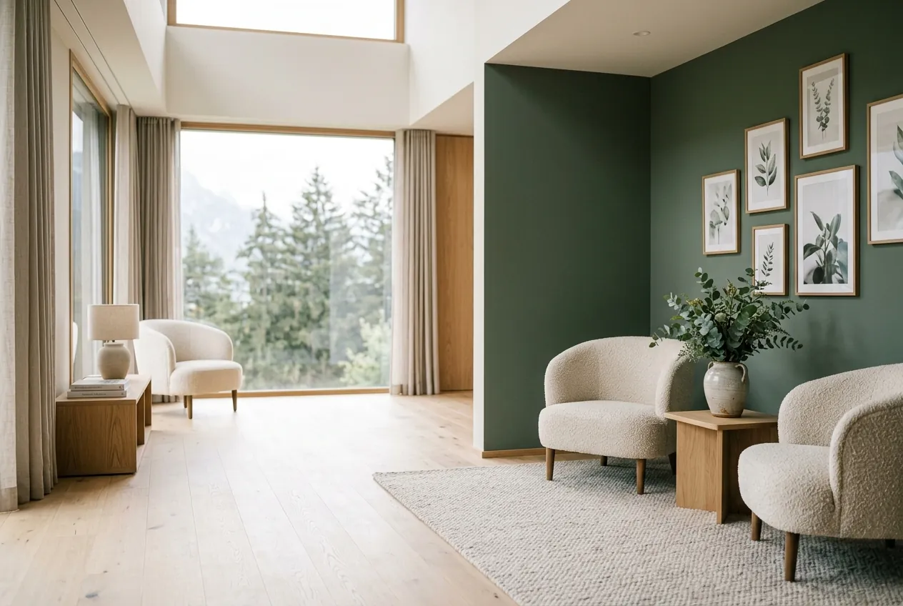 Espace d'accueil premium du Nutri Centre Riviera — fauteuils crème et mur vert sauge, ambiance chaleureuse