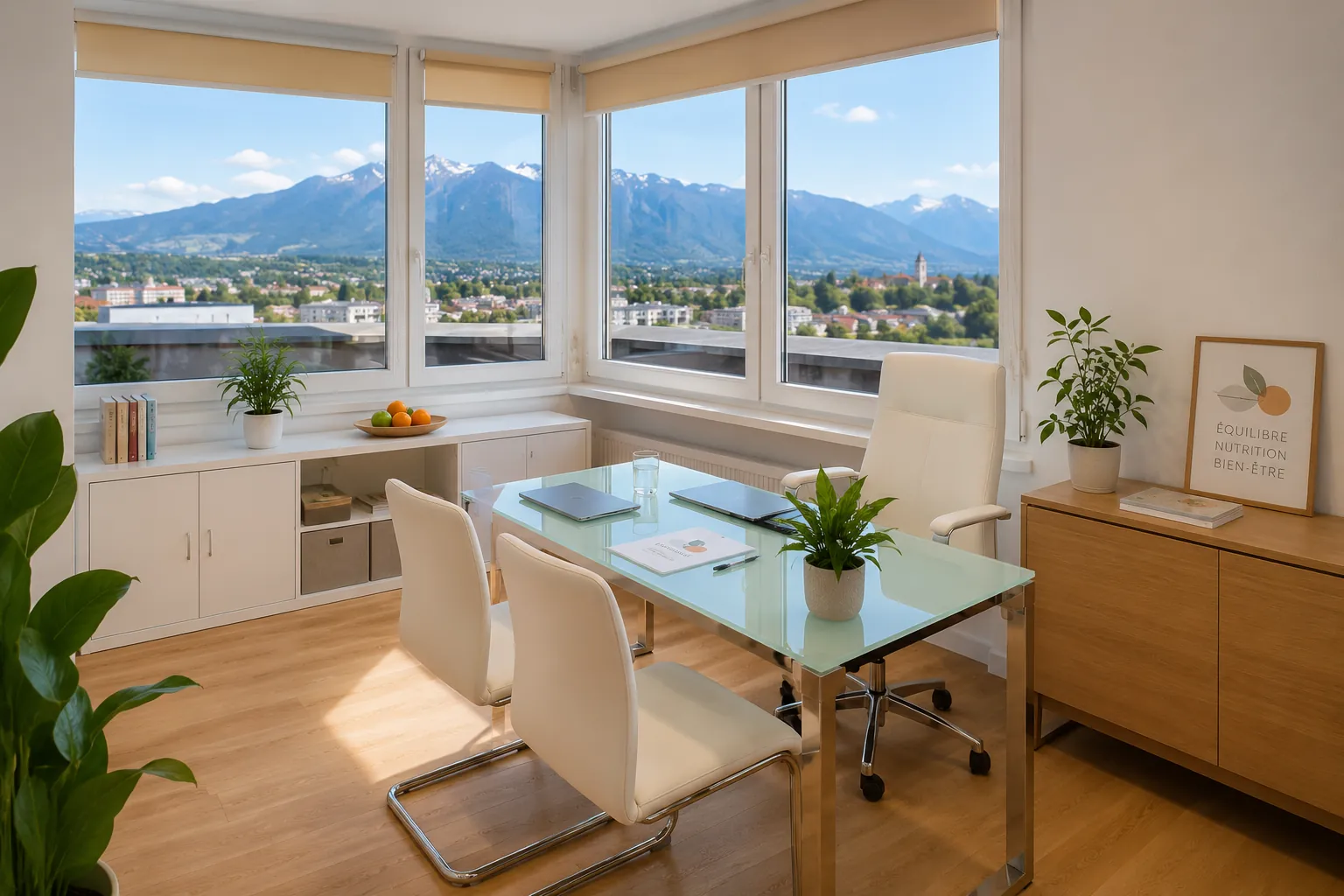 Cabinet de consultation Nutri Centre Riviera — bureau lumineux avec vue panoramique sur les Alpes, Vevey