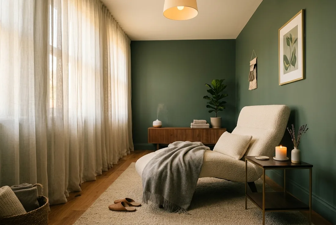 Salle d'hypnopraxie apaisante aux tons sauge et crème — fauteuil confortable et lumière douce, Nutri Centre Riviera Vevey-Montreux