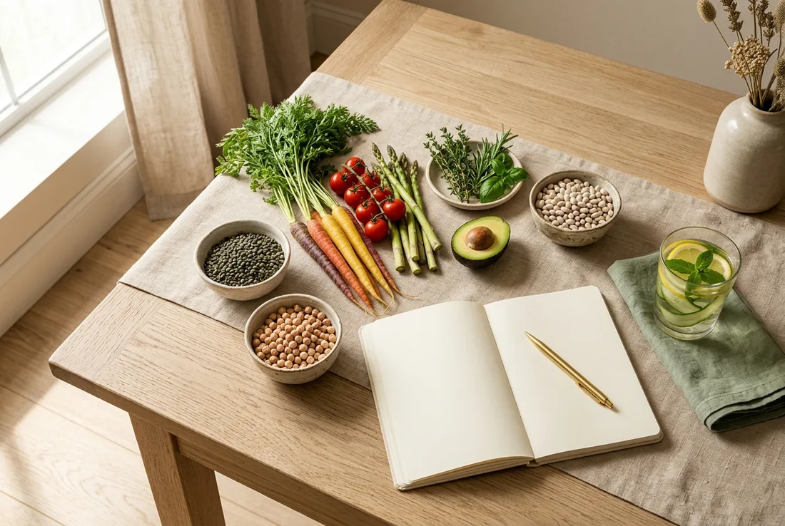 Table de consultation nutritionnelle premium — légumes frais, légumineuses et carnet de suivi, Nutri Centre Riviera Vevey-Montreux